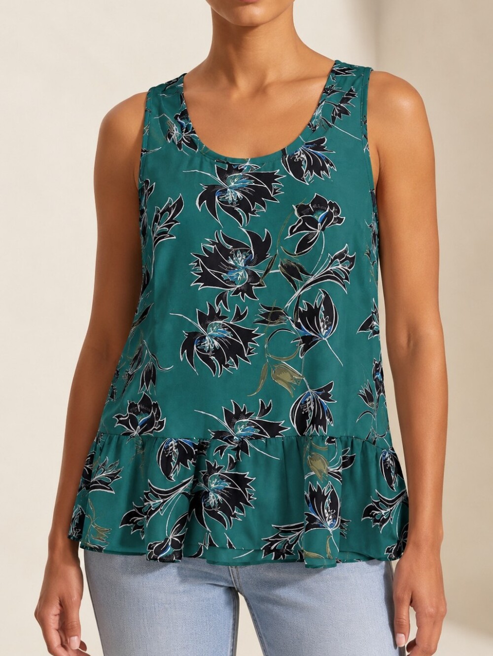 CAbi Teal Floral Sleeveless Peplum Tank